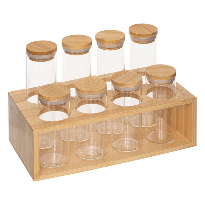Set recipiente condimente 5five Simple Smart EPICE, sticla borosilicata, bambus, 8 buc, 80ml si 120ml, 22x11.5x15cm
