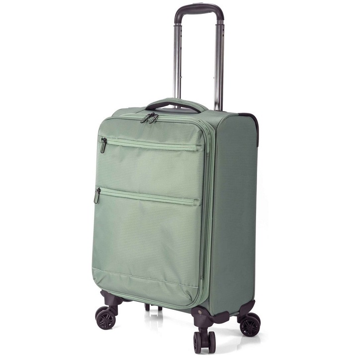 Troler de cabina extensibil Benzi BZ 5826, poliester, bagaj de mana, 54x36x23 cm, 4 roti duble la 360°, verde inchis