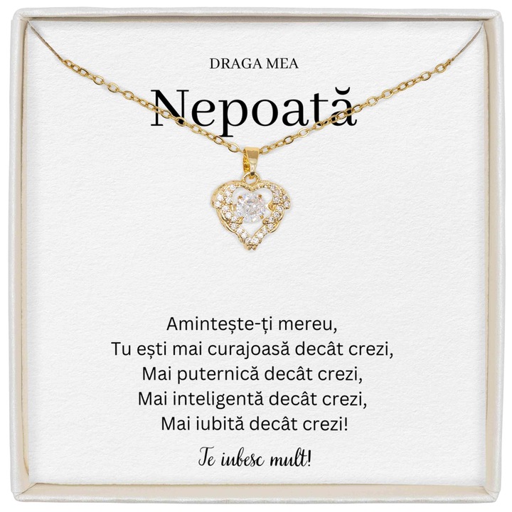 Cadou Pentu Nepoata, Colier True Love, Placat Cu Aur 14K, Piatra Zirconiu, Mesaj De Dragoste Pentru Nepoata Ta, Lungime 39+5cm