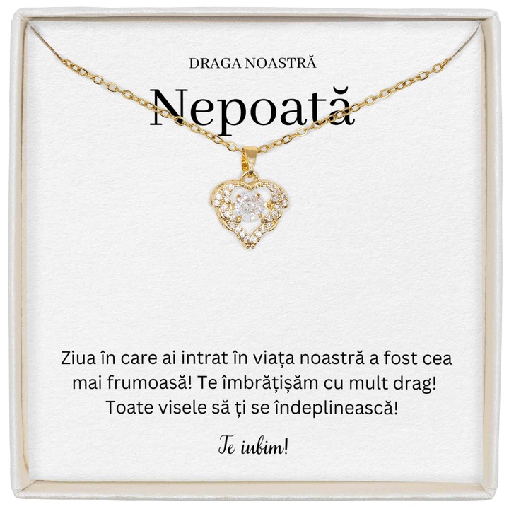 Cadou Pentu Nepoata, Colier True Love, Placat Cu Aur 14K, Piatra Zirconiu, Mesaj De Iubire Pentru Nepoata Ta, Lungime 39+5cm