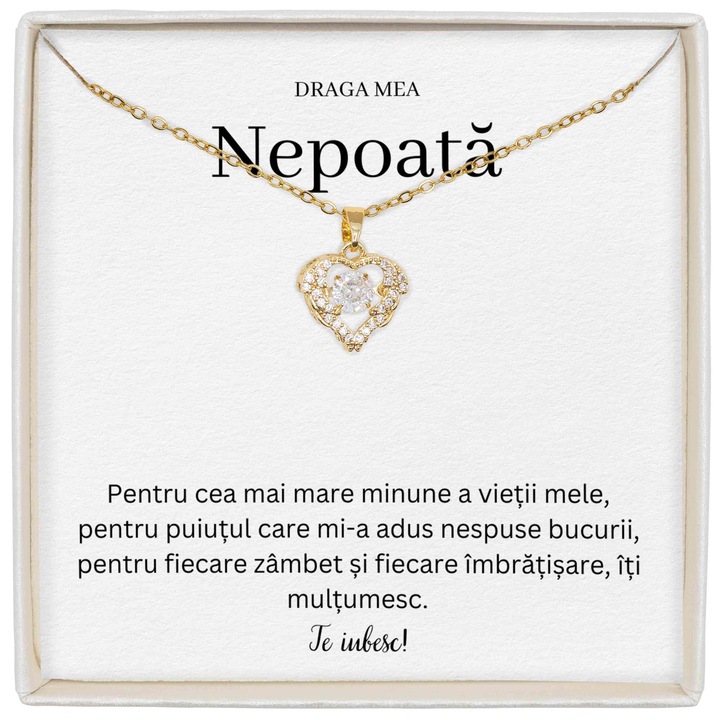 Cadou Pentu Nepoata Ta, Colier True Love, Placat Cu Aur 14K, Piatra Zirconiu, Mesaj De Pentru Nepoata Ta, Lungime 39+5cm