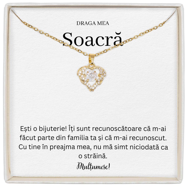 Cadou Pentu Soacra, Colier True Love, Placat Cu Aur 14K, Piatra Zirconiu, Mesaj De Dragoste Pentru Soacra Ta, Lungime 39+5cm