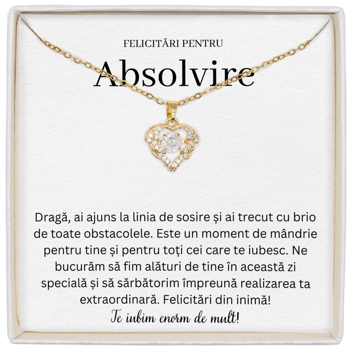Cadou Pentu Absolvire, Colier True Love, Placat Cu Aur 14K, Piatra Zirconiu, Mesaj Pentru Absolvire, Lungime 39+5cm