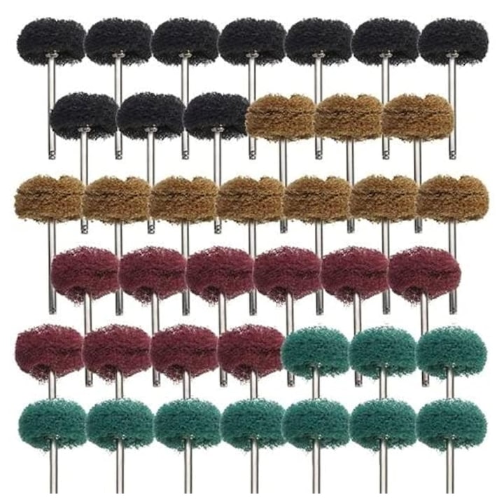 Set 40 perii abrazive pentru lustruire, Axroad Mall, Capete slefuitor, Cu tija de conectare, Rezistent la uzura, Poate fi folosit pentru indepartarea ruginii, slefuire si lustruire, Pentru metal, produse din lemn, artizanat, Fibra, 25*45mm, Muticolor