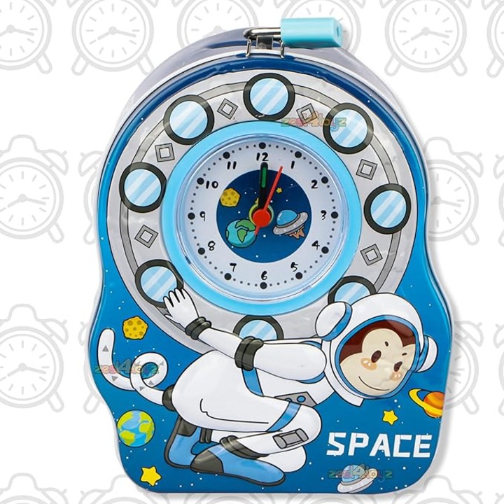 Детски будилник и касичка Carodis, Космическа тема, Метал, Катинар и ключ, 14,8x12x6,5 см
