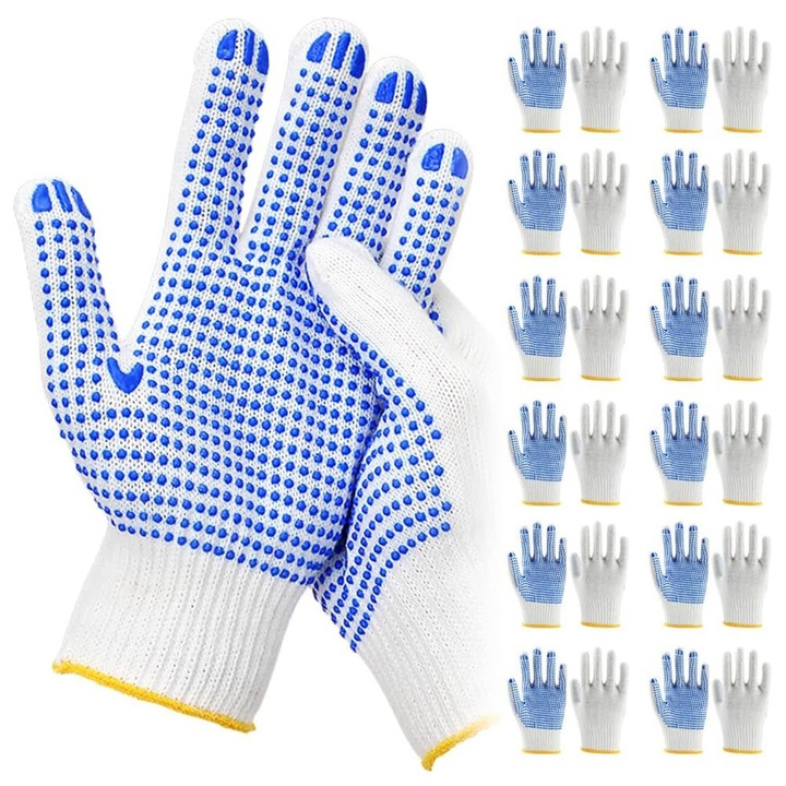 Szövet- és gumikesztyű, csúszásgátló pontokkal ellátott pamut munkakesztyű férfiaknak és nőknek, lélegző kötött pamut markolókesztyű, kertészkedéshez, raktárhoz, építkezéshez, gépiparhoz, 24 darabos csomag, egyenes