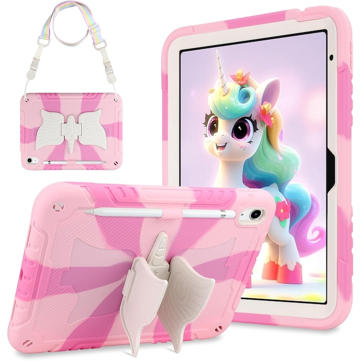 Калъф, съвместим с iPad 10 "9" поколение 11/10, 2025/2022, здрав, удароустойчив, с еднорог стойка, презрамка за рамо, държач за химикалка, розов