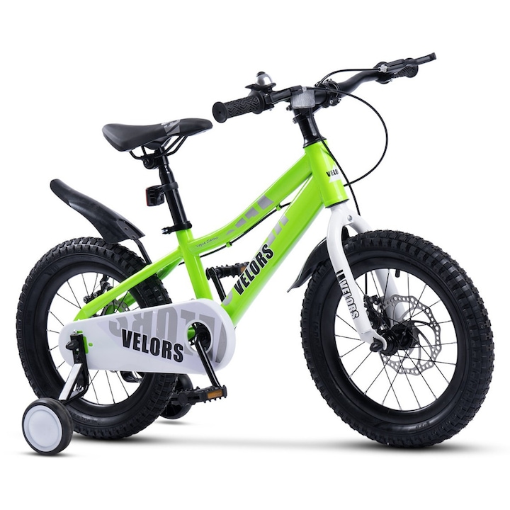 Gyerek MTB országúti kerékpár 4-6 éves korig Velors Drex JSX16345, acél váz, 16 colos kerék, első/hátsó tárcsafék, egysebességes, pótkerekek, zöld