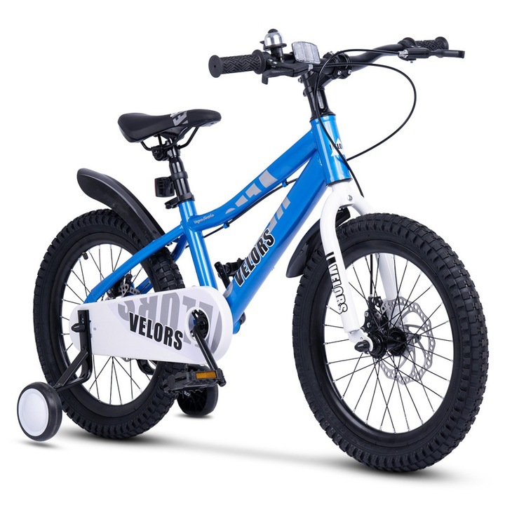 Gyerek MTB országúti kerékpár 5-7 éveseknek Velors Drex JSX18345, acél váz, 16 colos kerék, első/hátsó tárcsafék, egysebességes, pótkerekek, kék