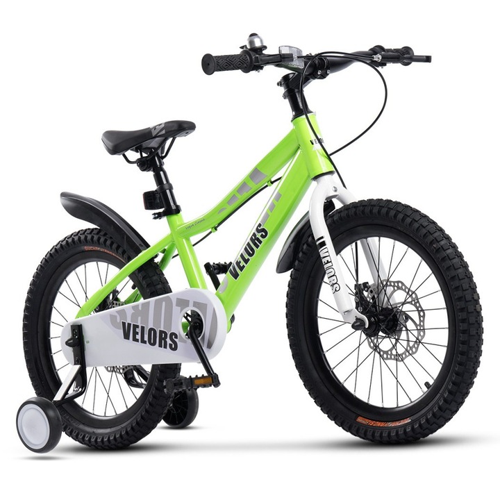 Gyerek MTB országúti kerékpár 5-7 éveseknek Velors Drex JSX18345, acél váz, 16 colos kerék, első/hátsó tárcsafék, egysebességes, pótkerekek, zöld