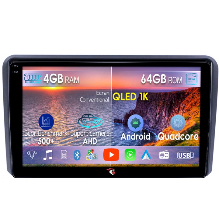 Dedikált navigáció Audi A3, 4GB RAM 64GB ROM, Octacore, Android 14, QLED 1K 9" kijelző, Carplay&Android Auto, SIM 4G, Aktív ventilátor