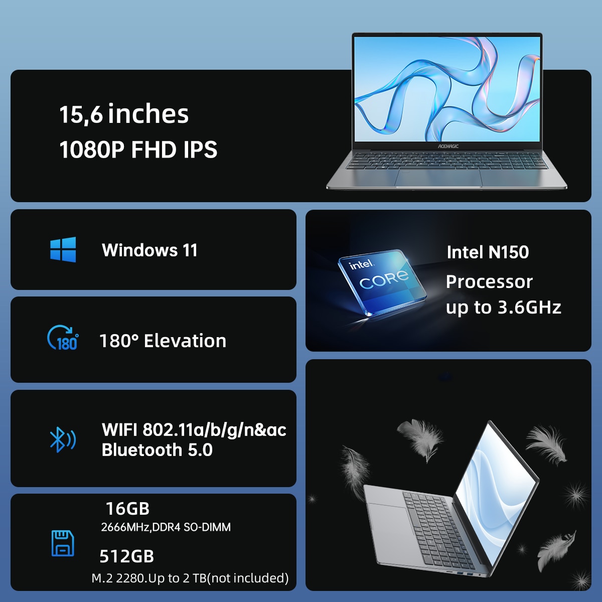 Laptop ACEMAGIC 15.6" cu procesor Intel® Twin Lake N150 pana la 3.60 GHz, 16GB DDR4 512GB SSD, Full HD, Intel® UHD Graphics, Windows 11, Argintiu