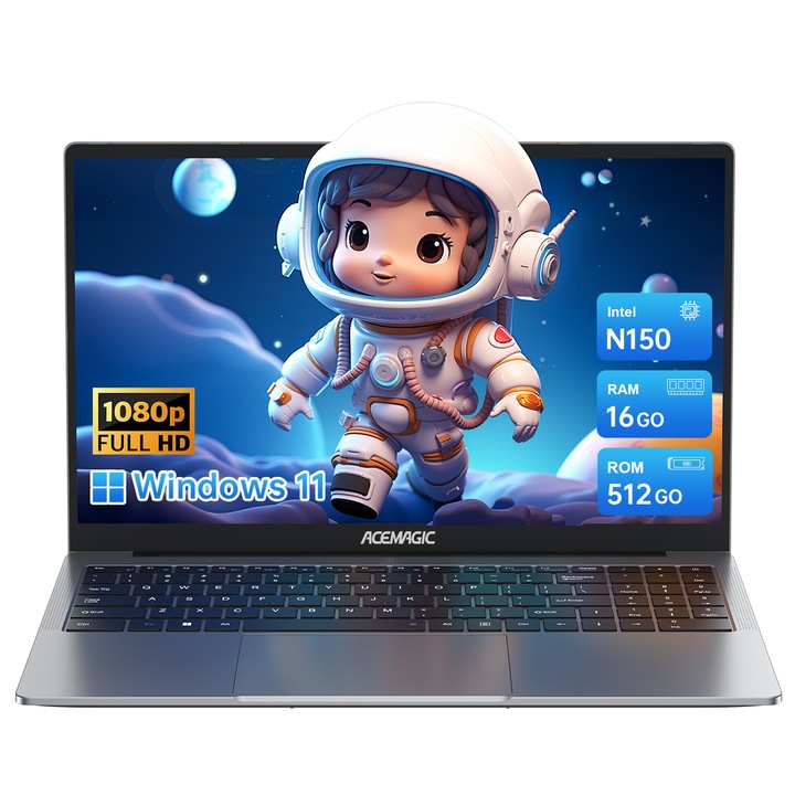 Лаптоп ACEMAGIC 15.6" с процесор Intel® Twin Lake N150 до 3.60 GHz, 16GB DDR4 512GB SSD, Full HD, Intel® UHD Graphics, Windows 11, Сребрист