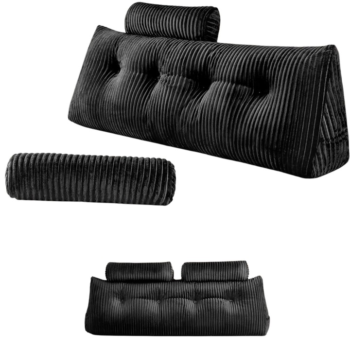 Perna Suport Spate si Cap, 2xPerna Rulou Incluse, Husa Detasabila si Lavabila, Buzunar Lateral Practic – Ideala pentru Pat, Canapea sau Podea, Negru, 120x50x20 cm