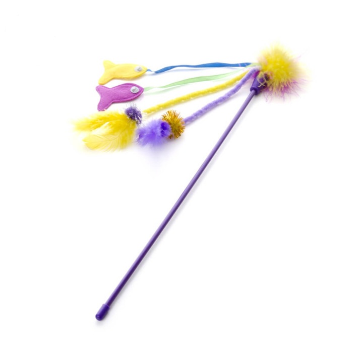 Jucarie Interactiva pentru Pisici: Undita - Peste de Plus, Bile cu Pene, Bat Plastic 41 cm