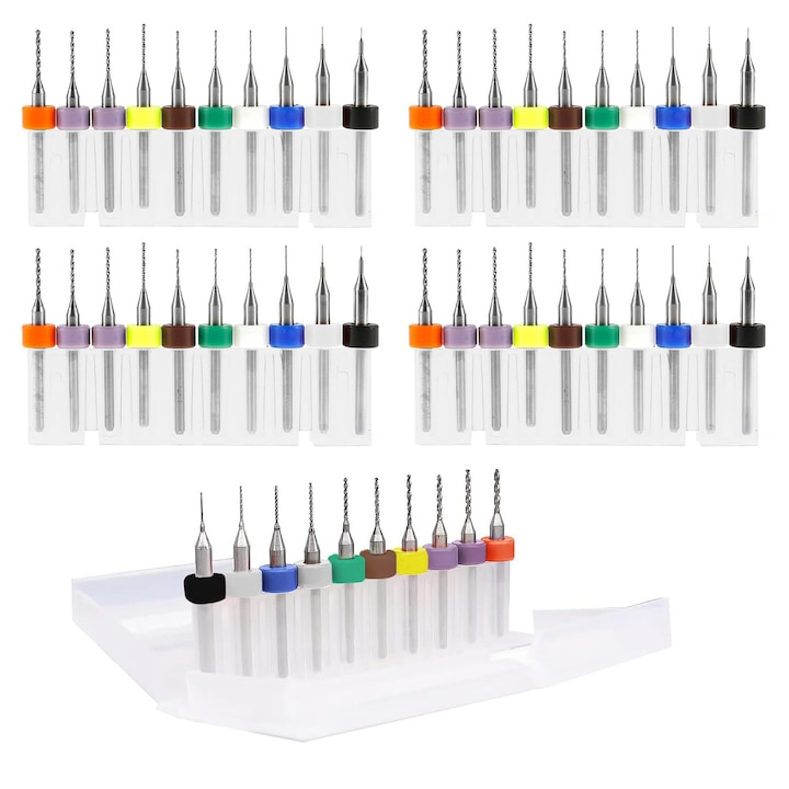 Set 50 de burghie PCB, Axroad Mall, Burghie mini 0.3-1.2mm, Cu cutie de depozitare, Precizie inalta, Rezistenta mare la uzura, Manere ergonomice, Pentru gravura CNC, placi de circuit, gaurit lemn, Otel tungsten, Muticolor