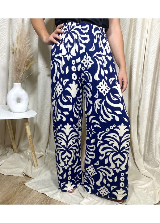 Pantaloni de Vara, Vaporosi, Largi, Alb/Bleumarin, Alb/Bleumarin