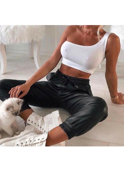 Pantalon din Piele Eco cu Buzunare, Vatuiti, Negru, Negru