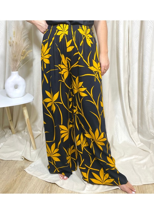 Pantaloni de Vara, Vaporosi, Largi, Negru/Galben, Negru/Galben