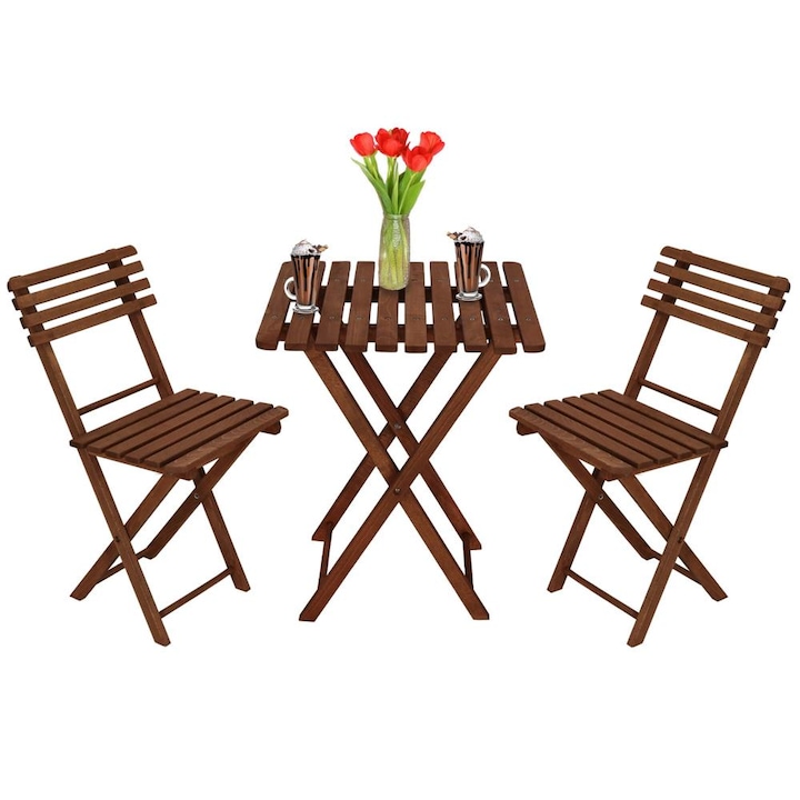 Комплект мебели за балкон или тераса, изработен от букова дървесина, сгъваем, маса 52x51x65 см и 2 стола, тъмнокафяв