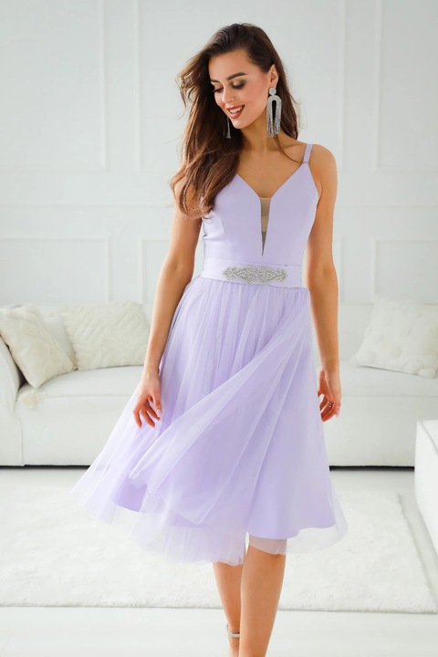 Rochie lila midi din tul cu bust satinat si cordon cu aplicatii, Violet