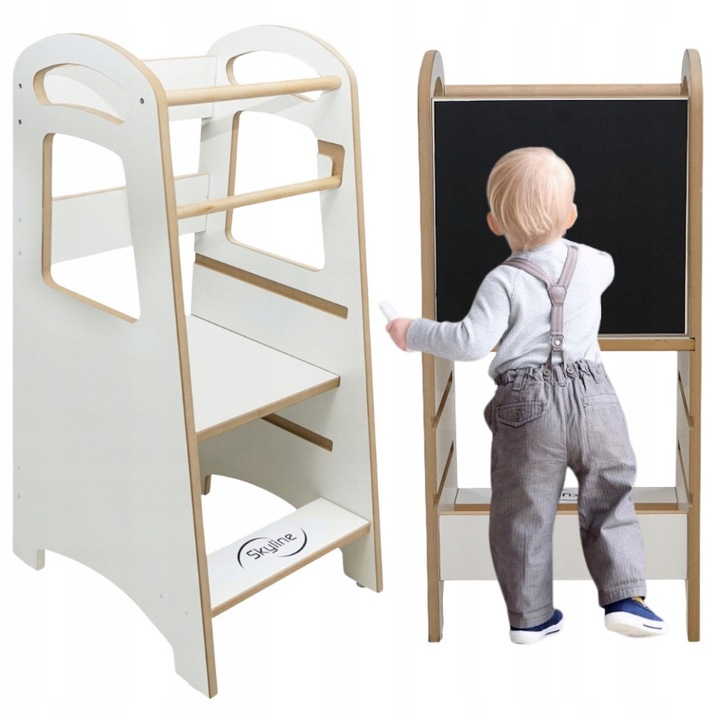 Кула за учене с дъска за писане, Skyline, Delux, 2в1, 86x46x40 см, Монтесори, MDF 18 мм, регулиране на височината в 3 позиции, От 9 месеца до 3 години, Противоплъзгащи крачета, 80 кг, Бяла