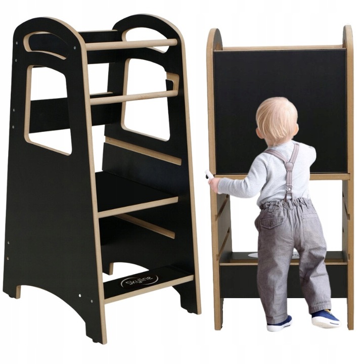 Кула за учене с дъска за писане, Skyline, Delux, 2в1, 86x46x40 см, Монтесори, МДФ 18 мм, регулиране на височината в 3 позиции, От 9 месеца до 3 години, Противоплъзгащи крачета, 80 кг, Черна