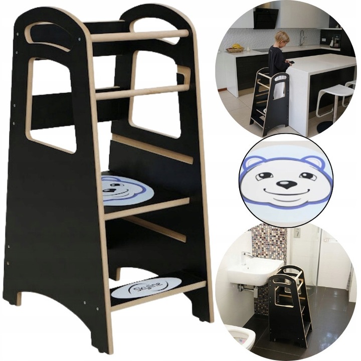 Кула за учене, Skyline, Delux 86x46x40 см, Със стикер Плюшено мече, Монтесори, MDF 18 мм, От 9 месеца до 3 години, Противоплъзгащи крачета, 80 кг, Черно/Синьо