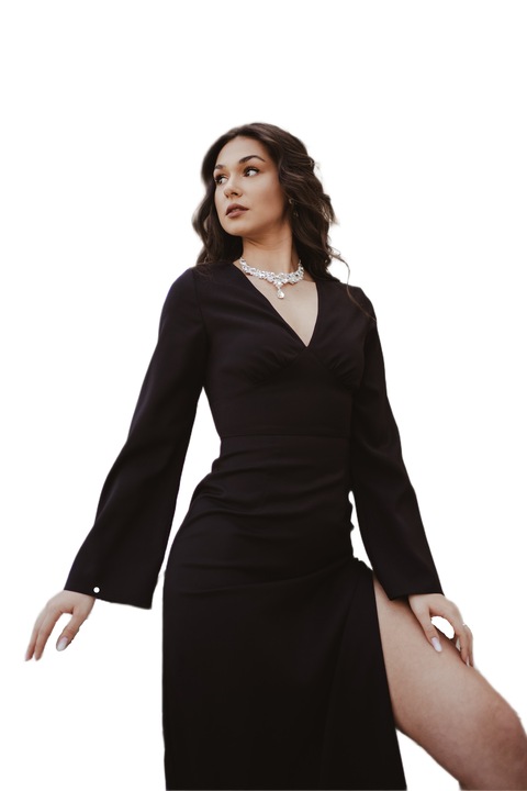 Rochie eleganta lunga cu slit, cu maneci lungi evazate si decolteu in V, Poliester, Negru