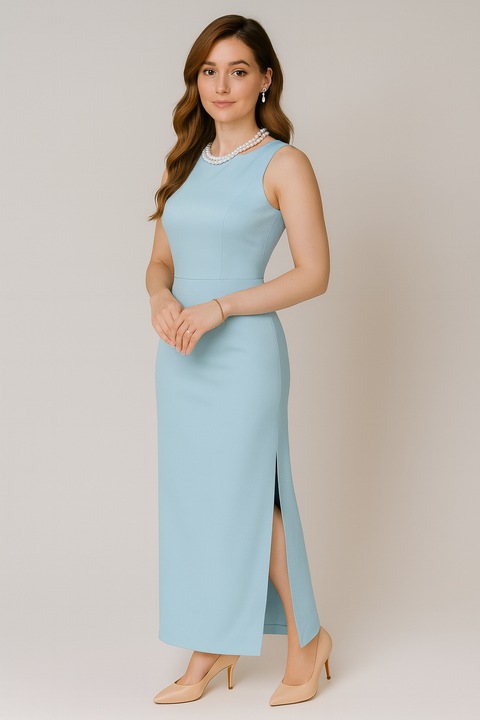 Rochie eleganta lunga Paris, cu slit, Bumbac/Matase, Albastru deschis