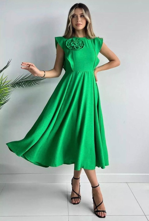 Rochie verde smarald clos cu floare 3D – eleganta si lejera, Verde