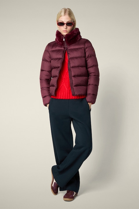 SAVE THE DUCK, Geanta matlasata cu guler din blana sintetica, Visiniu