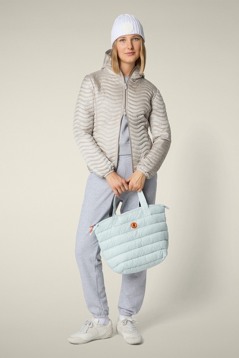 SAVE THE DUCK, Jacheta cu gluga si aspect matlasat, Maro taupe deschis