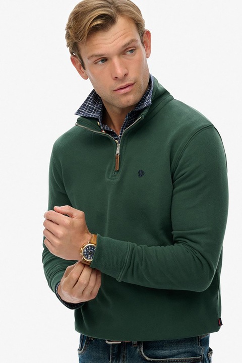 SUPERDRY, Bluza de trening relaxed fit din bumbac organic cu fenta scurta cu fermoar, Verde englez, L