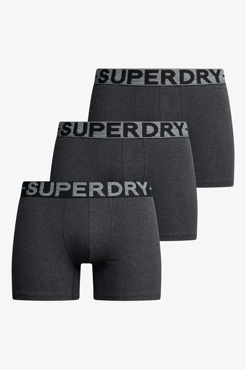 Superdry & Co, Set de boxeri din amestec de bumbac cu banda logo in talie - 3 perechi, Negru melange