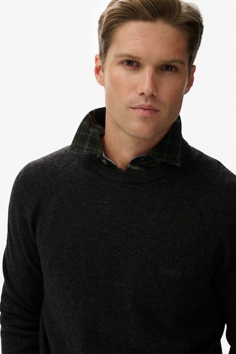 SUPERDRY, Стандартен пуловер с вълна с ръкави реглан, Черен меланж