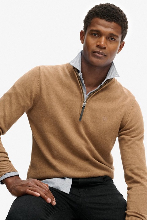 Pulover de bumbac organic cu fenta cu fermoar, Caramel, XL