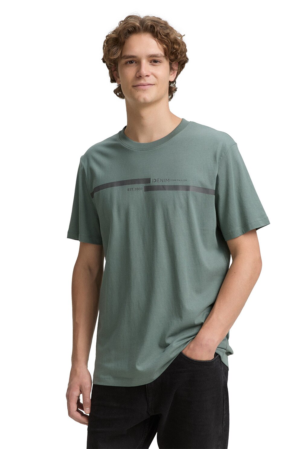 Tom Tailor, Tricou de bumbac cu detalii cu imprimeu text, Verde spranghel, S