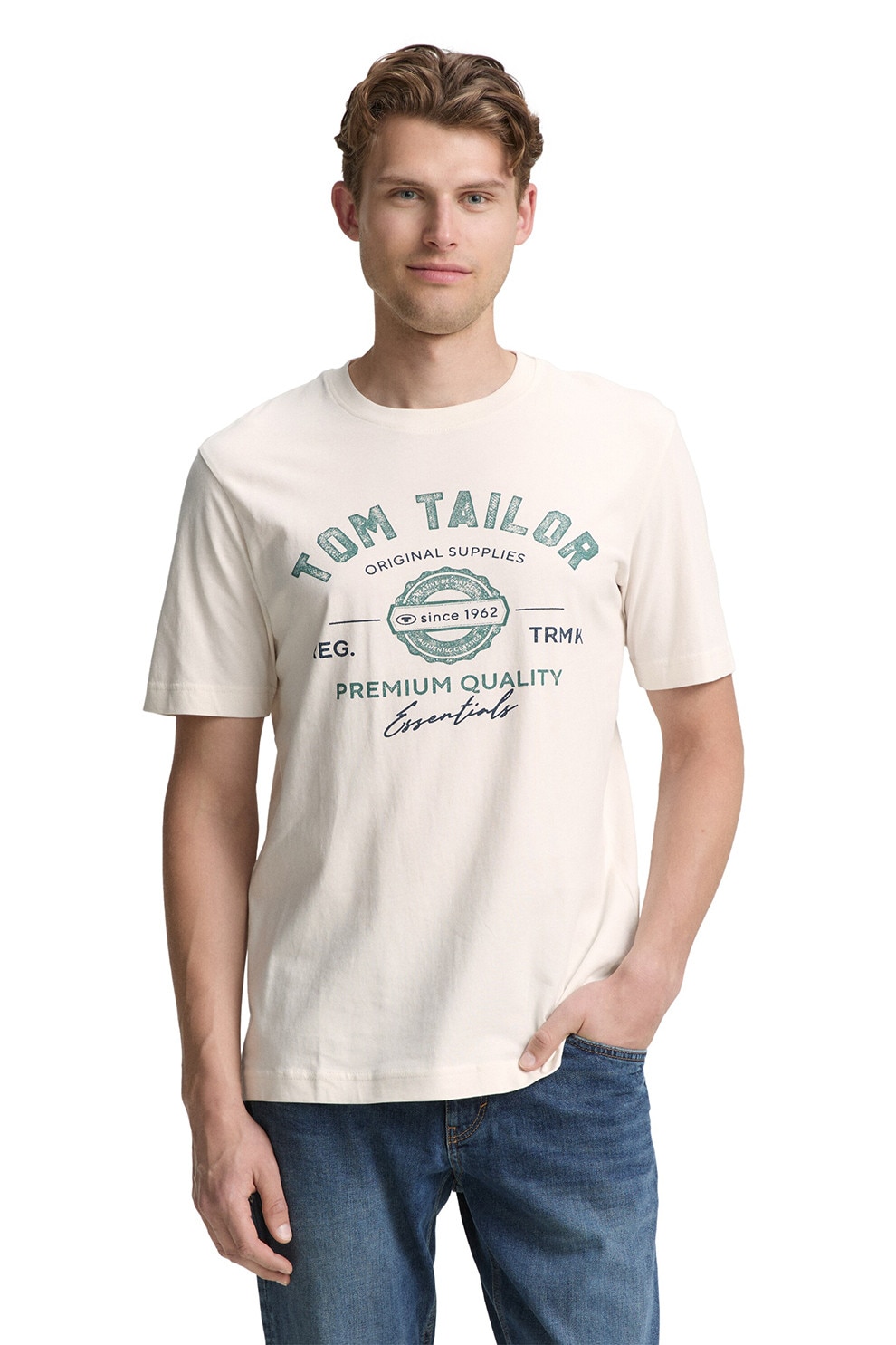 Tom Tailor, Tricou din bumbac cu imprimeu logo, Crem, M