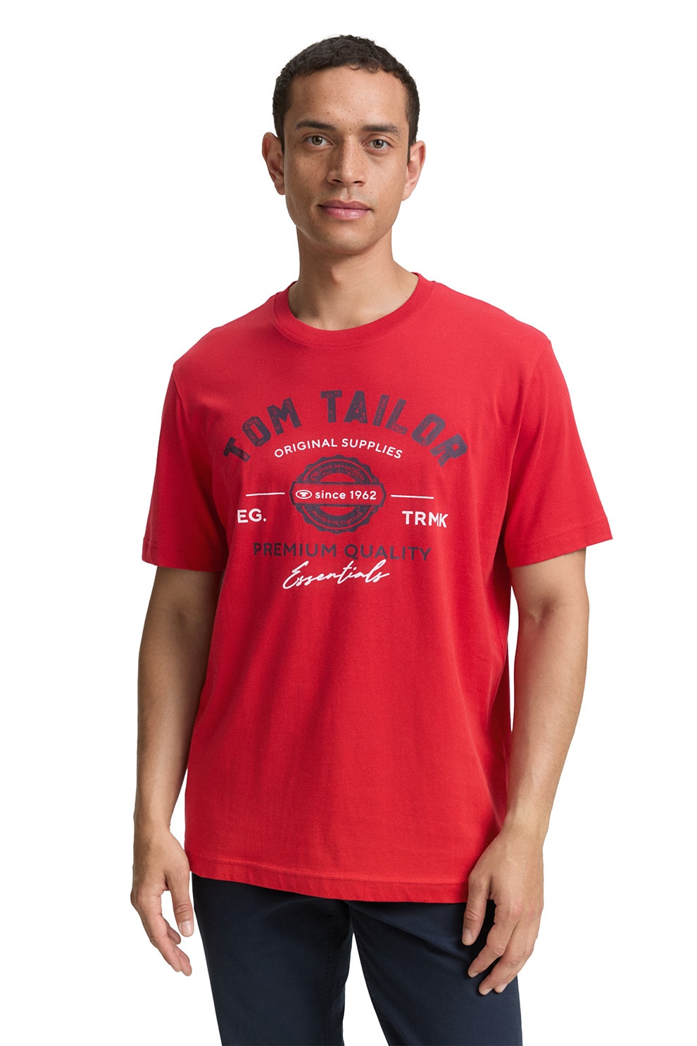 Tom Tailor, Tricou din bumbac cu imprimeu logo, Rosu vermillion, Bleumarin, M