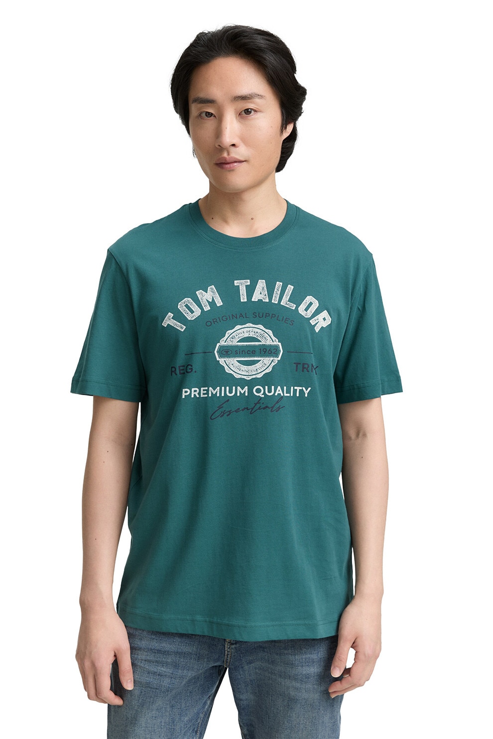Tom Tailor, Tricou din bumbac cu imprimeu logo, Verde, S