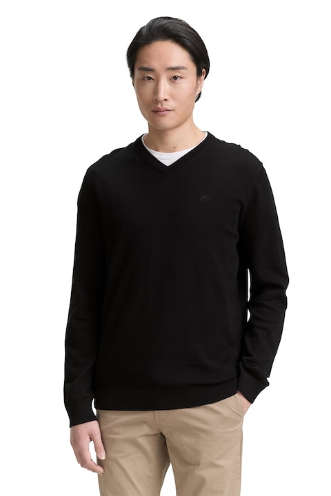 Tom Tailor, Памучен пуловер с шпиц, Черен