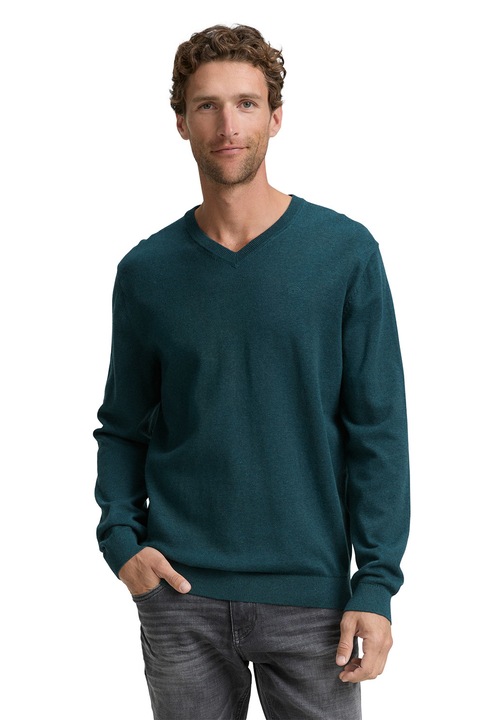 Tom Tailor, Фино плетен пуловер с шпиц, Тъмнозелен