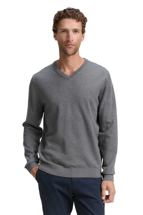 Tom Tailor, Finomkötött pulóver V alakú nyakrésszel, Melange szürke