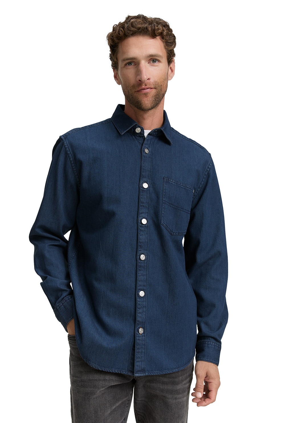 TOM TAILOR, Camasa din bumbac cu model uni, Bleumarin, L