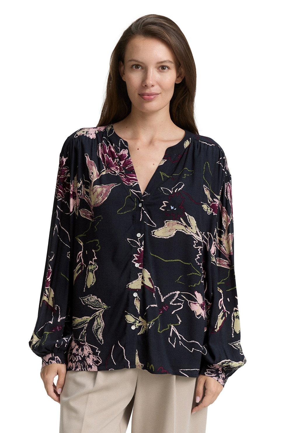 Tom Tailor, Camasa cu maneci lejere si model floral, Bej, Roz, Bleumarin, 40