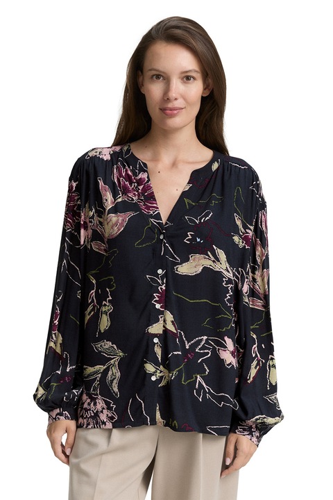 TOM TAILOR, Virágmintás hosszú ujjú ing, Bézs/Rózsaszín/Tengerészkék