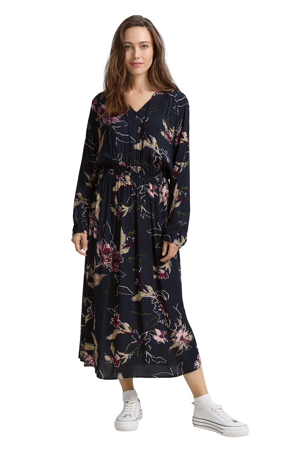 Tom Tailor, Rochie maxi cu croiala in A si model floral, Roz, Bleumarin, 38