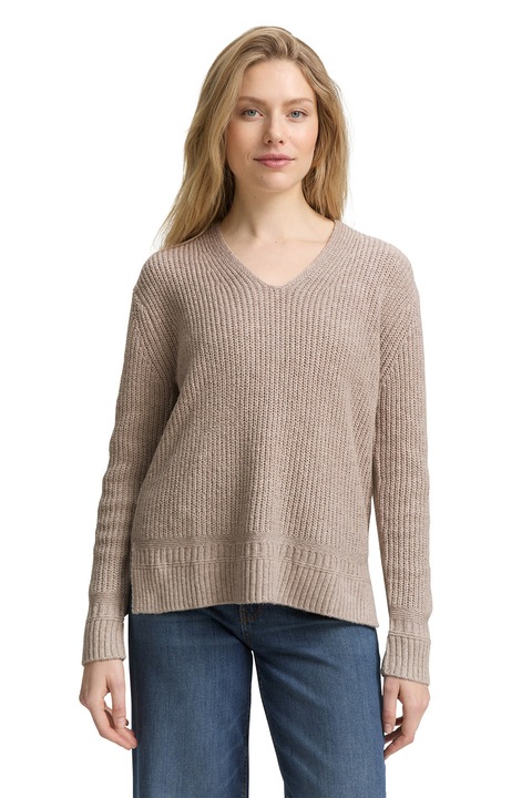 Tom Tailor, Pulover cu striatii si decolteu in V, Maro taupe deschis