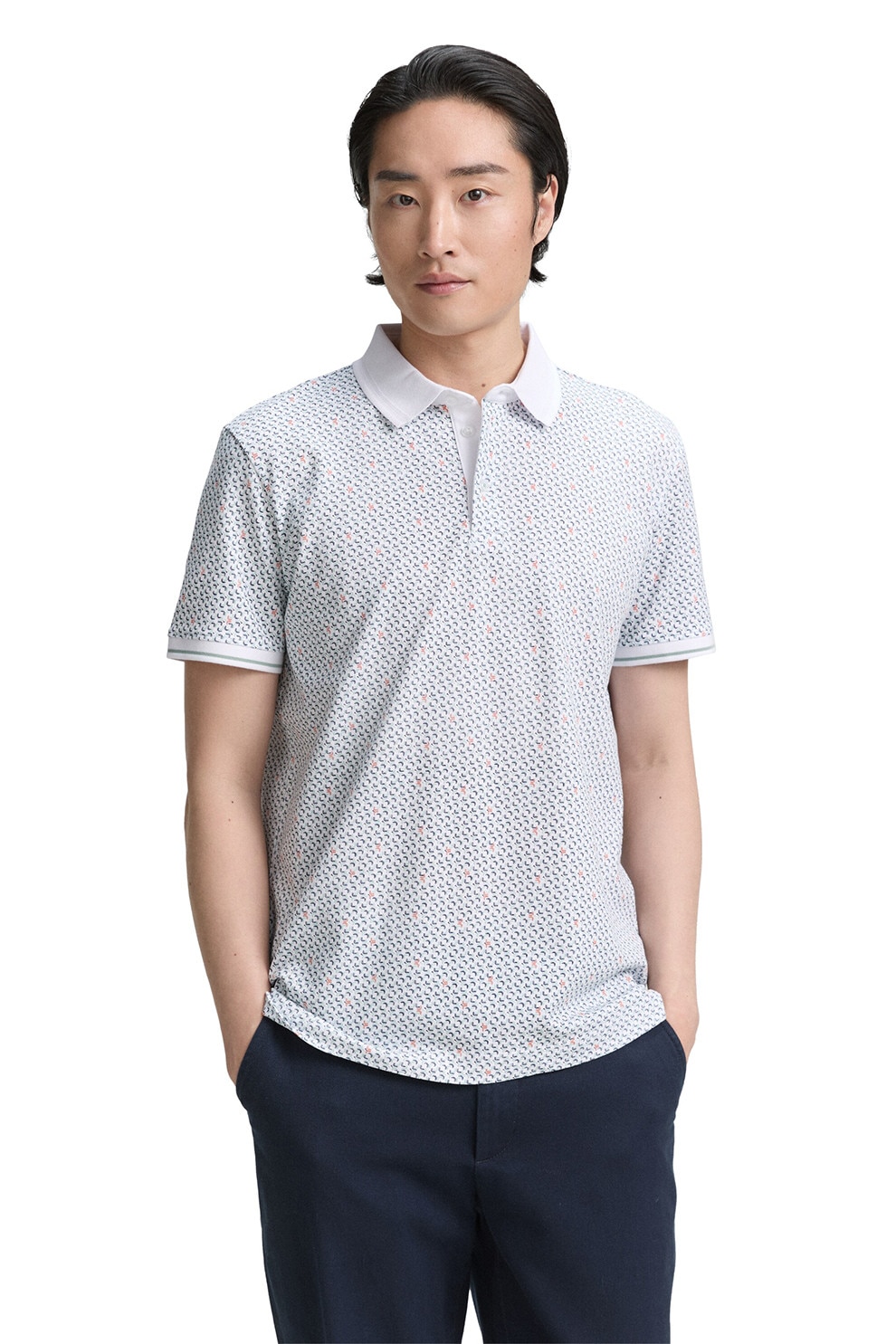 Tom Tailor, Tricou polo cu model, Alb, Albastru inchis, Rosu stins, XL